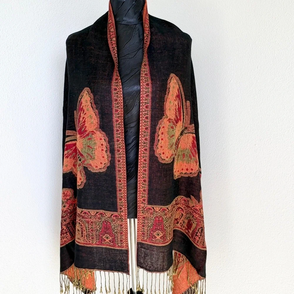 Pashmina Reversible Butterfly Paisley‎ Silk Blend Wrap Scarf, Women OS Boho